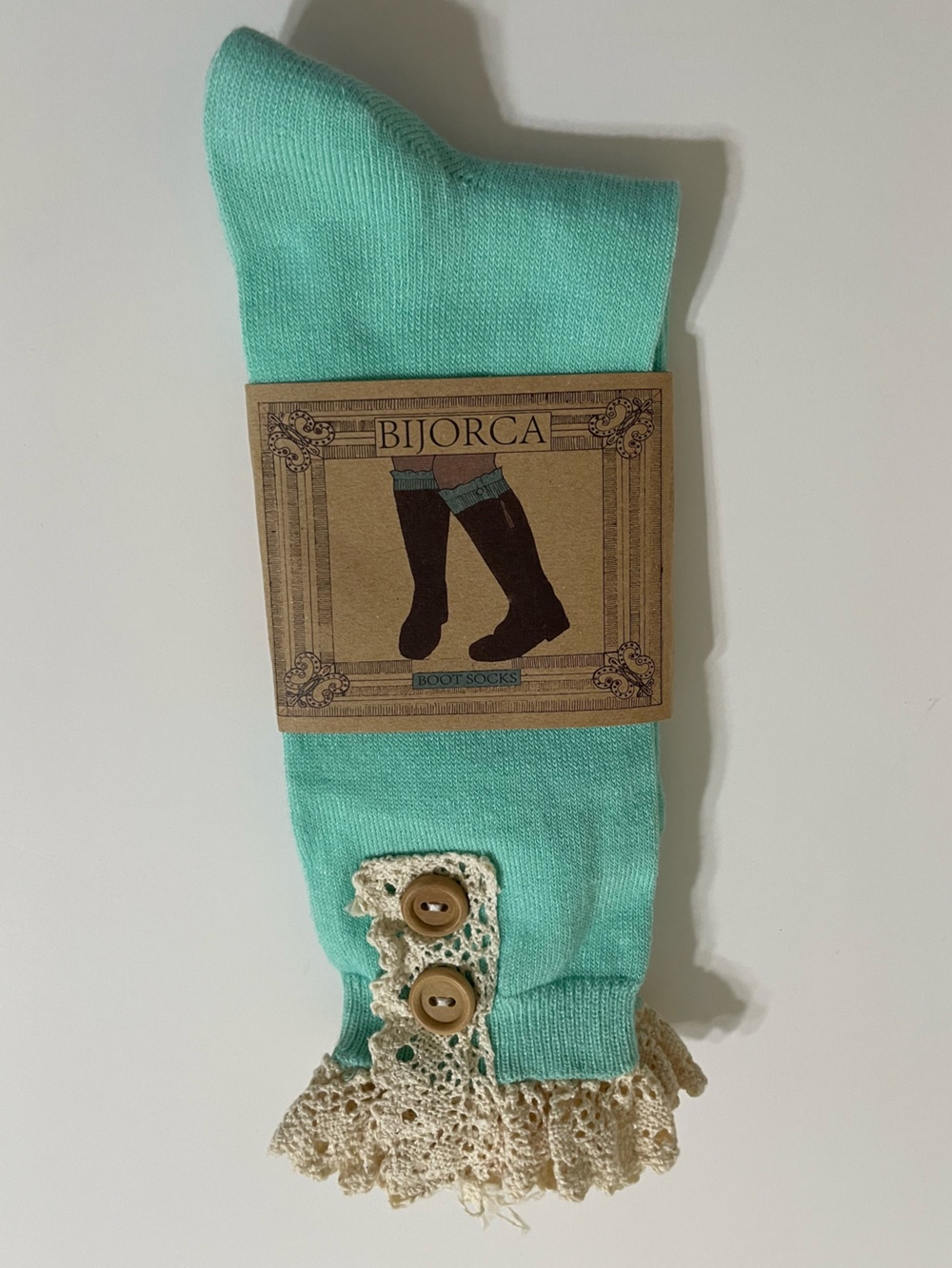 New BIJORCA Teal Boot Socks Cream Crochet Lace Trim Womens One Size